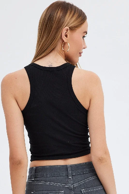 Black Graphic Crop Top Sleeveless