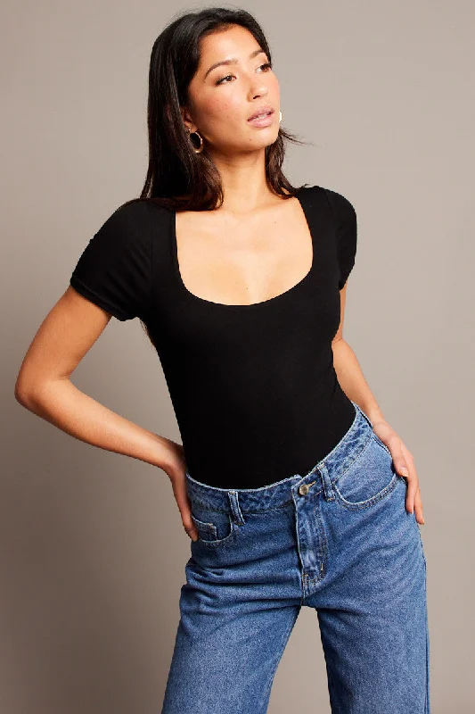 Black Bodysuit Short Sleeve Square Neck Modal