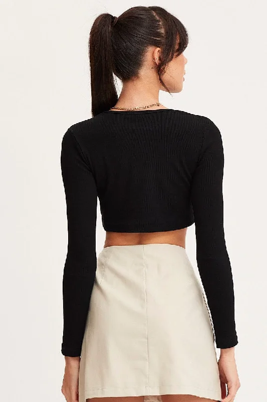 Black Crop Top Long Sleeve Crew Neck Seamless