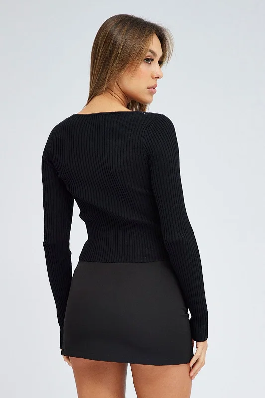 Black Cut Out Knit Top Long Sleeve