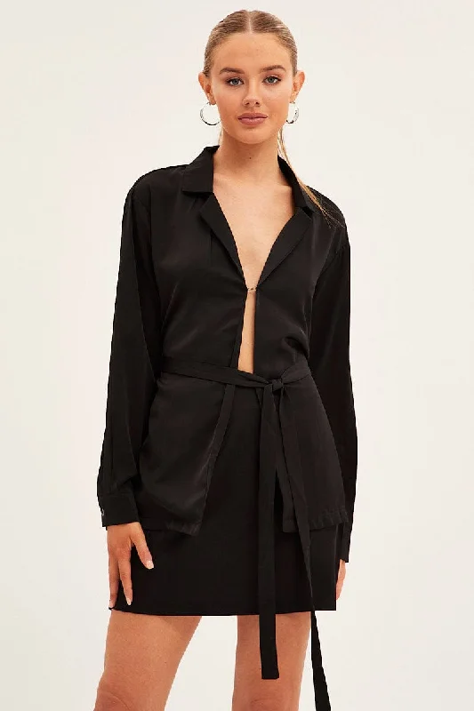 Black Shirt Top Long Sleeve Satin