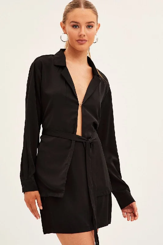 Black Shirt Top Long Sleeve Satin