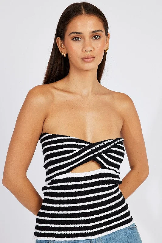 Black Stripe Crochet Knit Top Bandeau