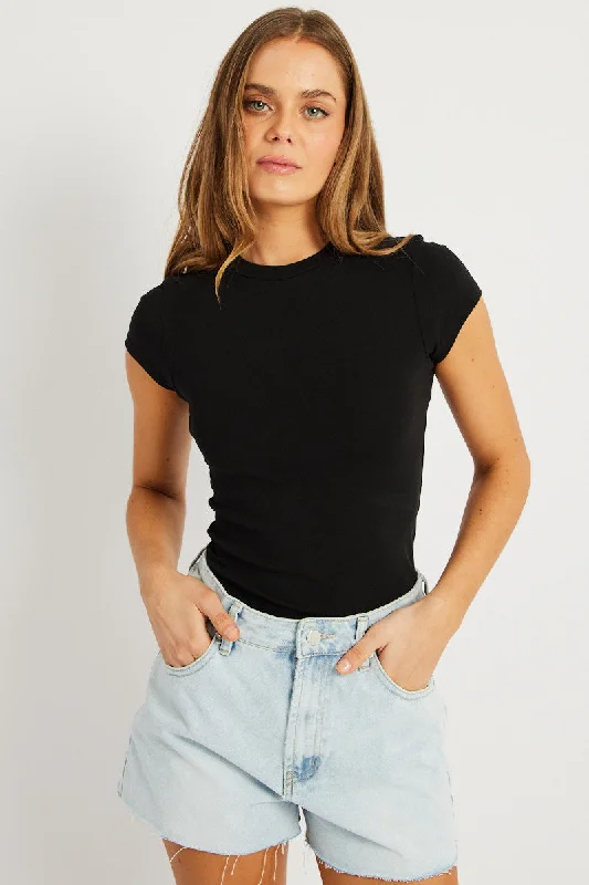 Black T Shirt Short Sleeve Crew Neck Cotton Rib