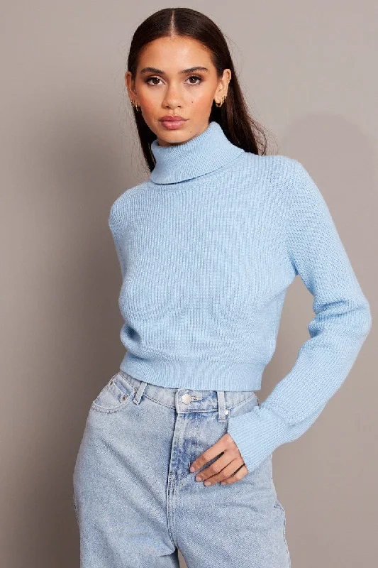 Blue Knit Top Long Sleeve High Neck Crop