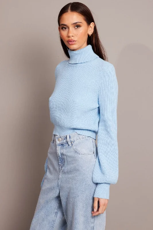 Blue Knit Top Long Sleeve High Neck Crop