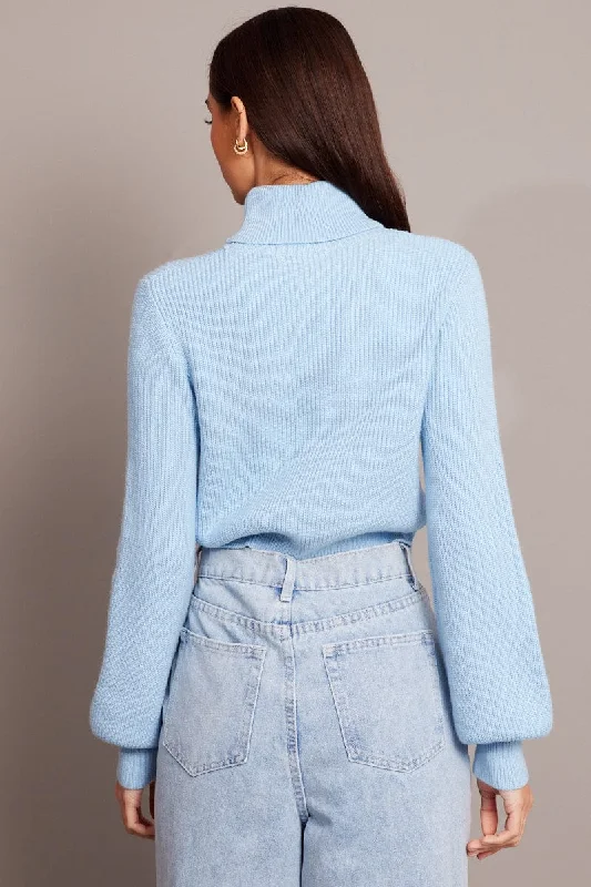 Blue Knit Top Long Sleeve High Neck Crop