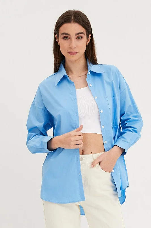 Blue Relaxed Shirts Long Sleeve Button Up