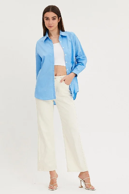 Blue Relaxed Shirts Long Sleeve Button Up