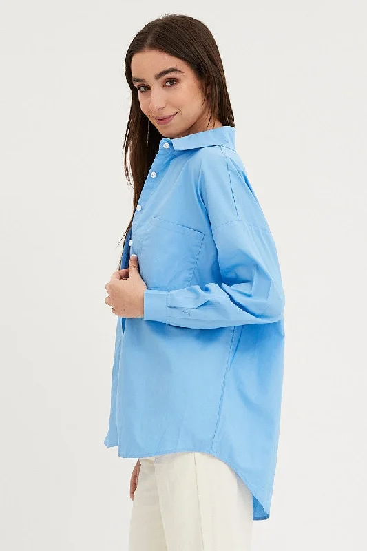 Blue Relaxed Shirts Long Sleeve Button Up