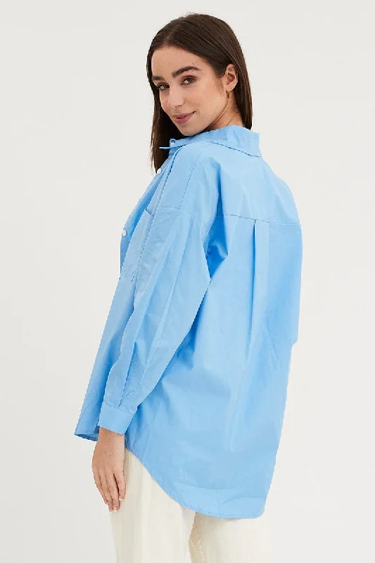 Blue Relaxed Shirts Long Sleeve Button Up