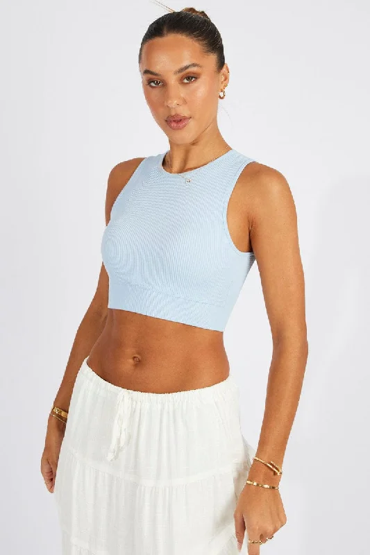 Blue Tank Top Crew Neck Seamless