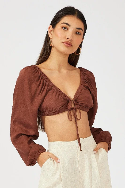 Brown Tie Crop Top Long Sleeve