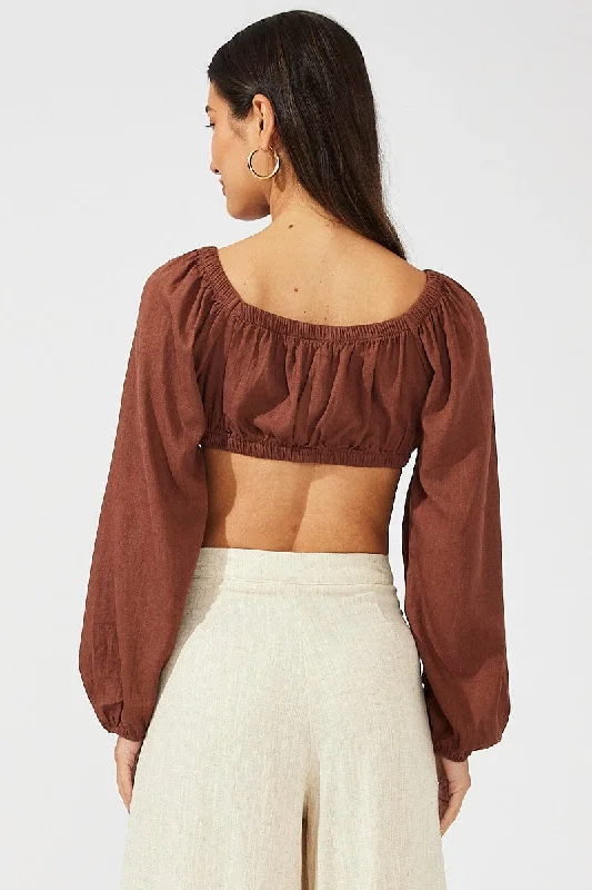 Brown Tie Crop Top Long Sleeve