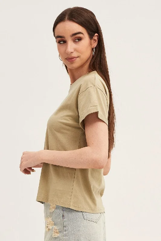 Green Roll Sleeve Crew Neck Tee