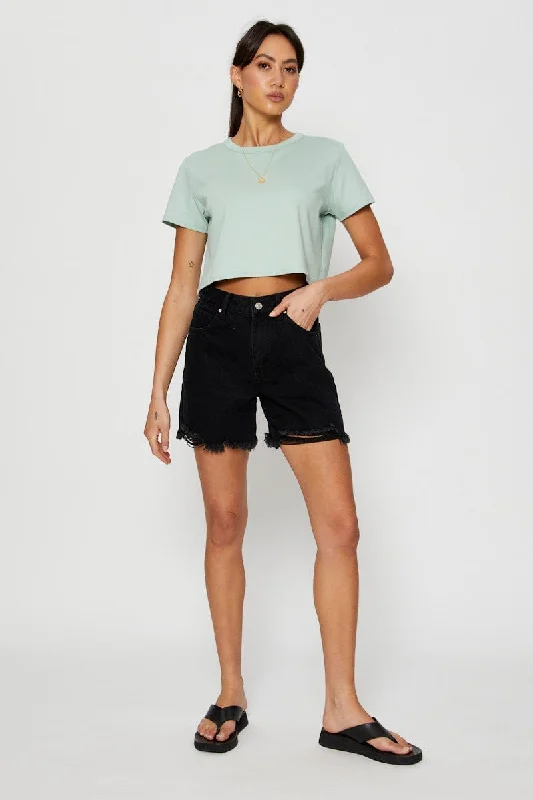 Green T Shirt Short Sleeve Crop Crew Neck Cotton