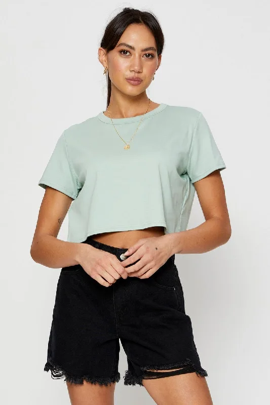 Green T Shirt Short Sleeve Crop Crew Neck Cotton