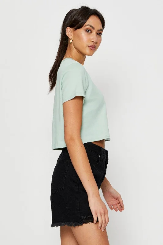 Green T Shirt Short Sleeve Crop Crew Neck Cotton