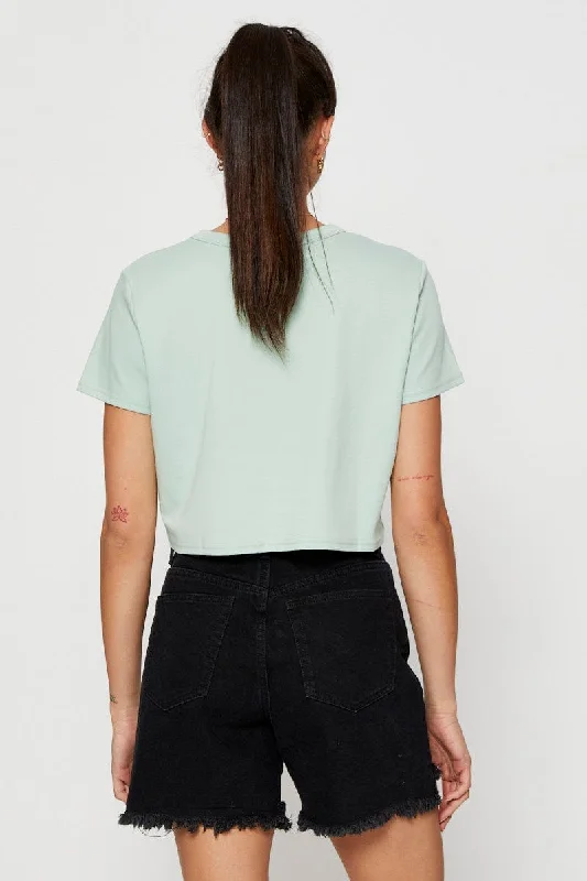 Green T Shirt Short Sleeve Crop Crew Neck Cotton