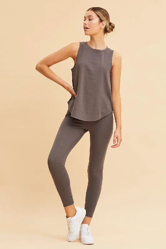 Grey Sleeveless Tank Cotton Crew Neck Curved Hem