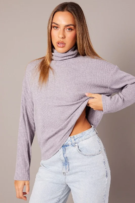 Grey Top High Neck Long Sleeve Relaxed Fit Rib Jersey