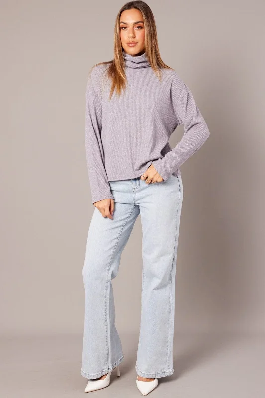 Grey Top High Neck Long Sleeve Relaxed Fit Rib Jersey