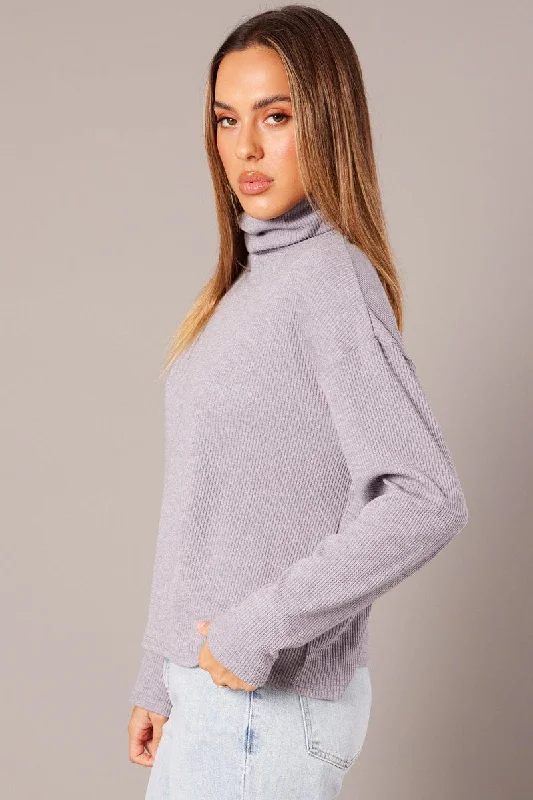 Grey Top High Neck Long Sleeve Relaxed Fit Rib Jersey