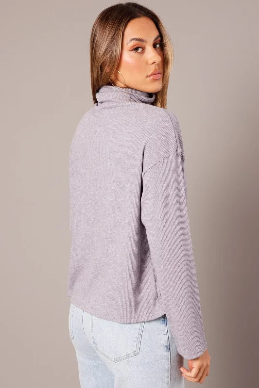 Grey Top High Neck Long Sleeve Relaxed Fit Rib Jersey