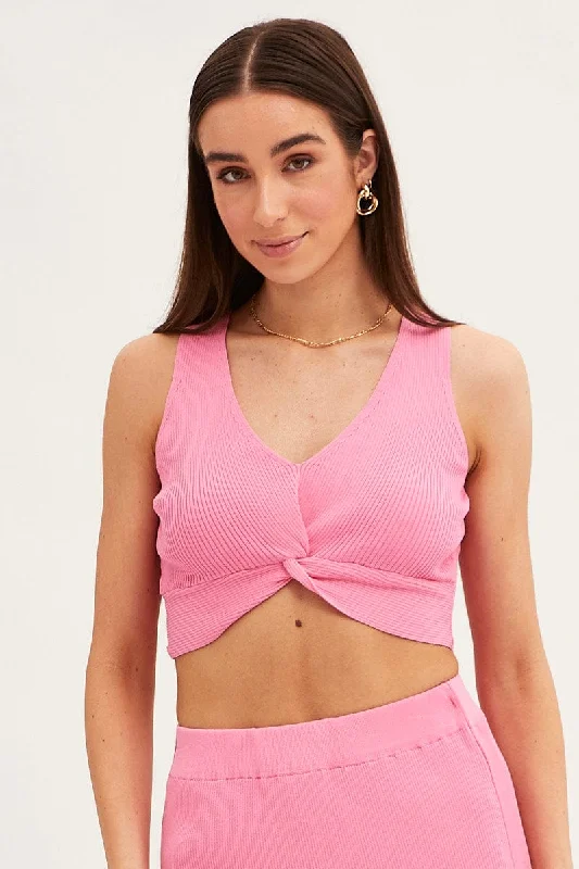 Pink Knit Top Crop Sleeveless V-Neck