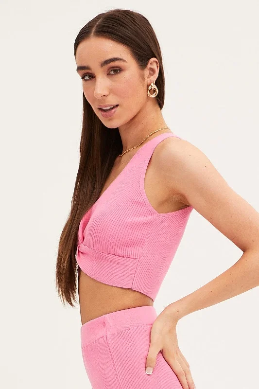 Pink Knit Top Crop Sleeveless V-Neck