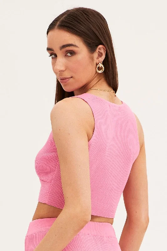 Pink Knit Top Crop Sleeveless V-Neck