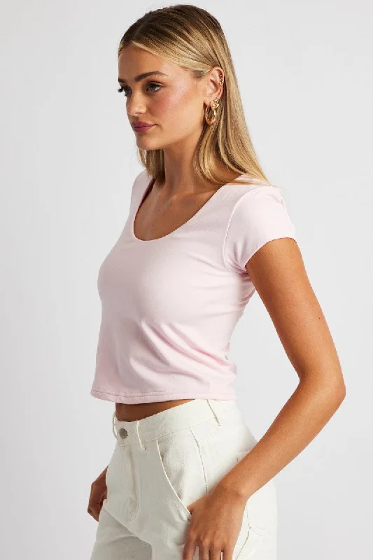 Pink T Shirt Cap Sleeve Square Neck Seamless