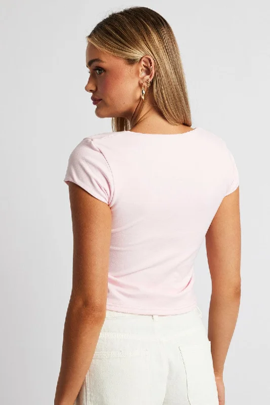 Pink T Shirt Cap Sleeve Square Neck Seamless