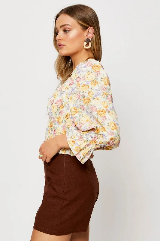 Print Peasant Blouse Long Sleeve