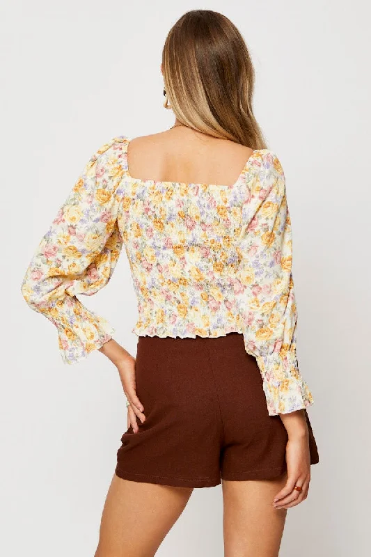 Print Peasant Blouse Long Sleeve