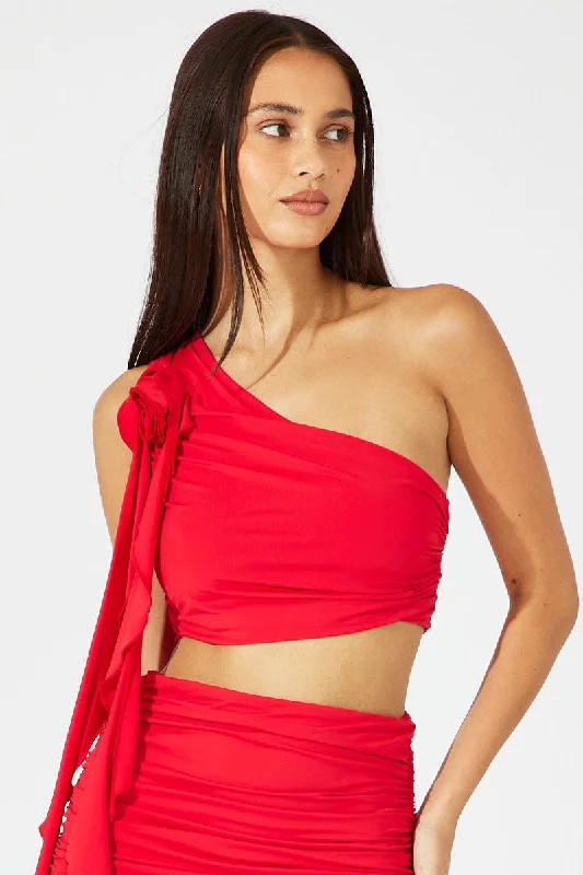 Red Crop Top One Shoulder Rose Ruffle Flower