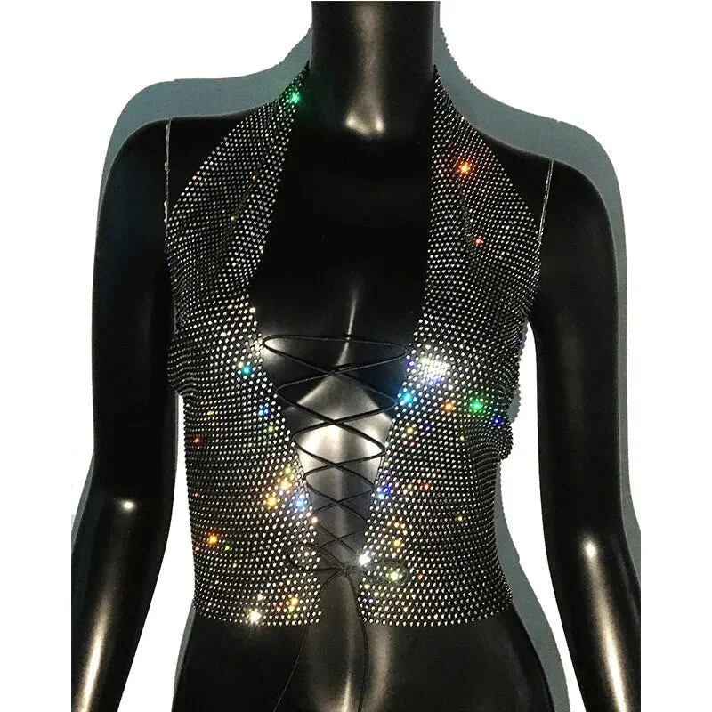 Shiny Rhinestone Mesh Crop Top