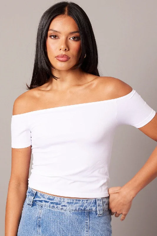 White Off Shoulder Top Short Sleeve Seamless