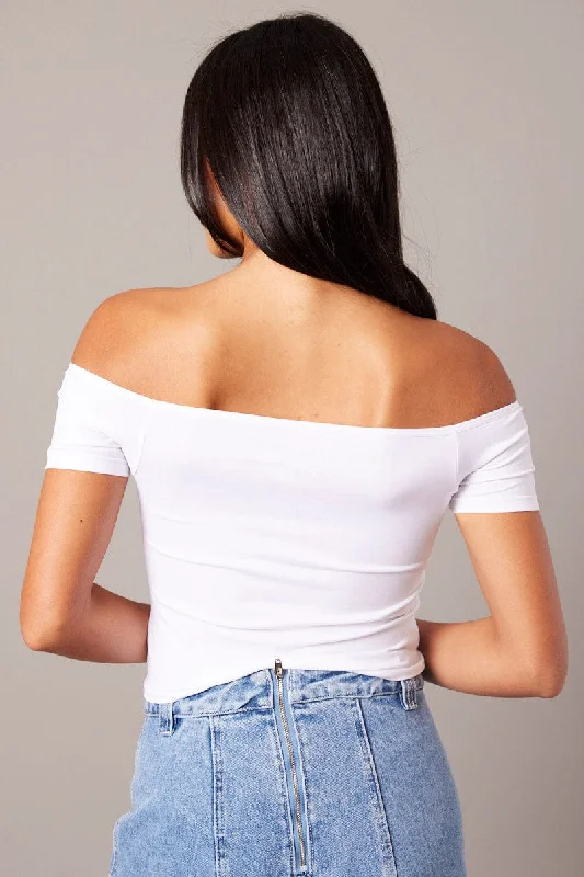 White Off Shoulder Top Short Sleeve Seamless