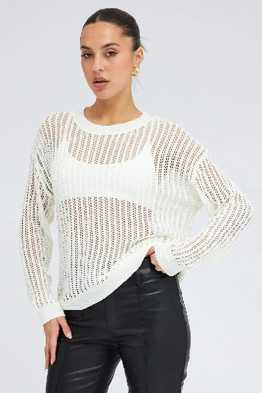 White Oversized Knit Top Crew Neck