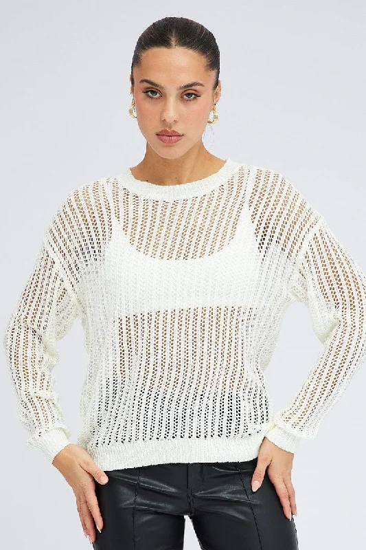 White Oversized Knit Top Crew Neck