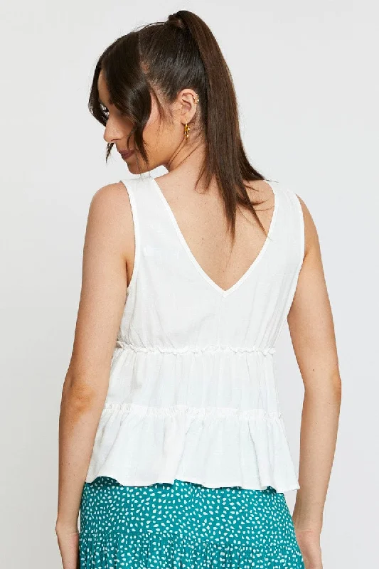 White Peplum Blouse Sleeveless V-Neck