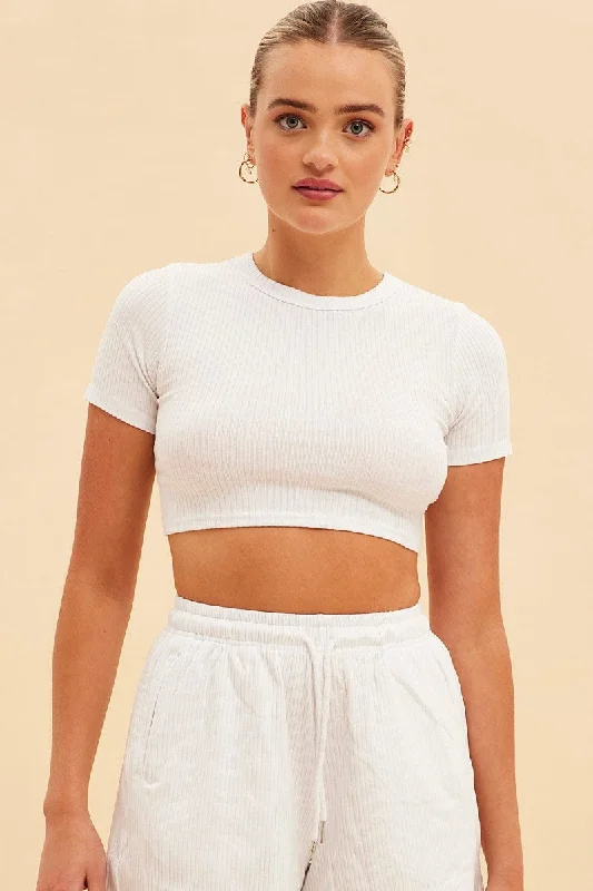 White Prea Rib Crew Neck Short Sleeve Crop Baby T-Shirt