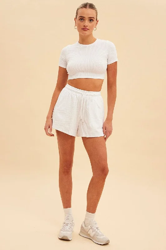 White Prea Rib Crew Neck Short Sleeve Crop Baby T-Shirt