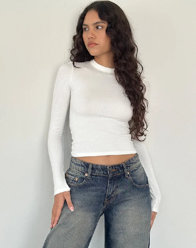 Beech Ribbed Long Sleeve Top in Off White