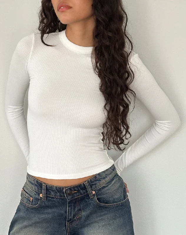 Beech Ribbed Long Sleeve Top in Off White