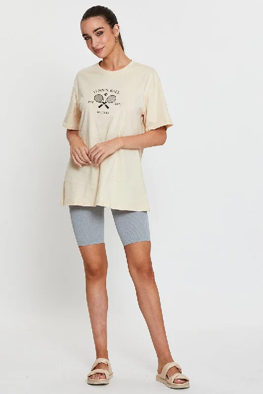 Beige Graphic T Shirt Short Sleeve Oversized