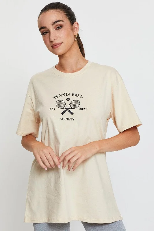 Beige Graphic T Shirt Short Sleeve Oversized