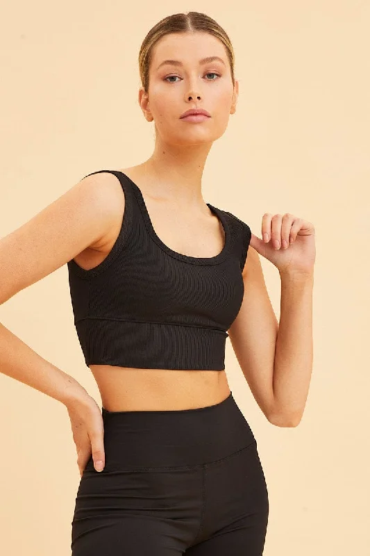 Black Crop Top Long Line Rib Elasticated Hem