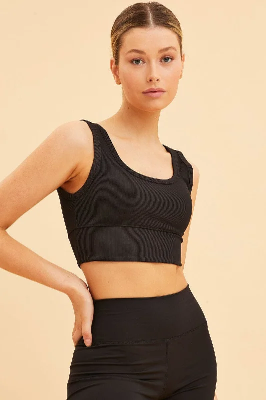 Black Crop Top Long Line Rib Elasticated Hem